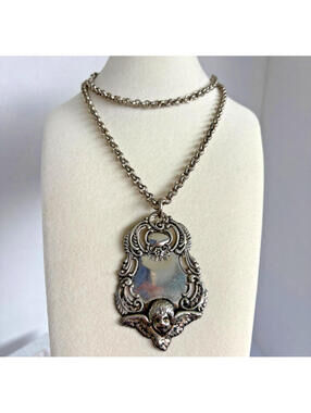REPLICA Art Deco Silver Tone Large Angel Cherub Repousse Pendant Necklace